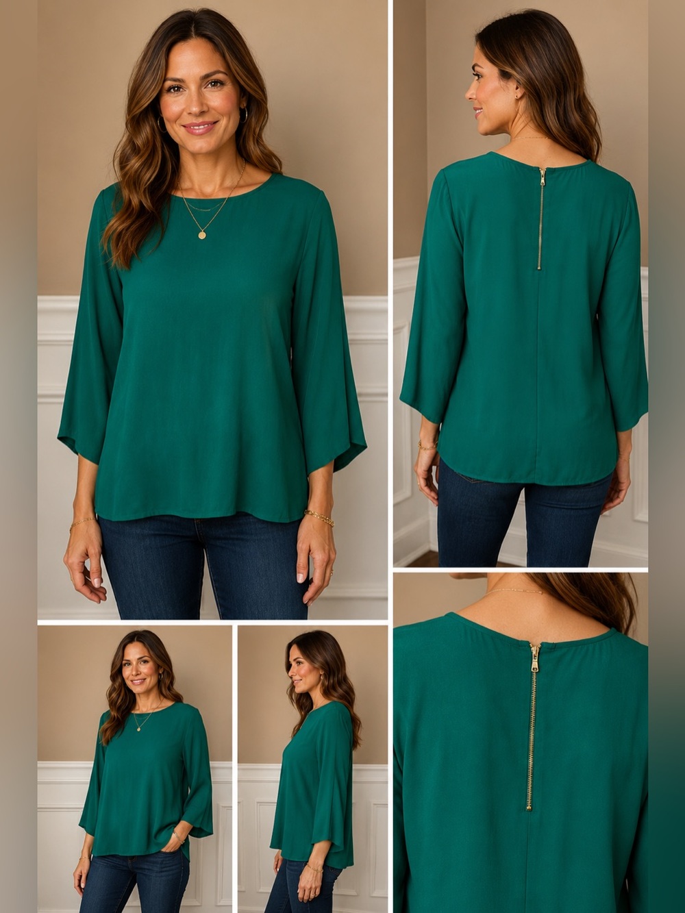 SAM & LAVI Los Angeles Emerald Green Flowy Bell Sleeve Blouse Top XS